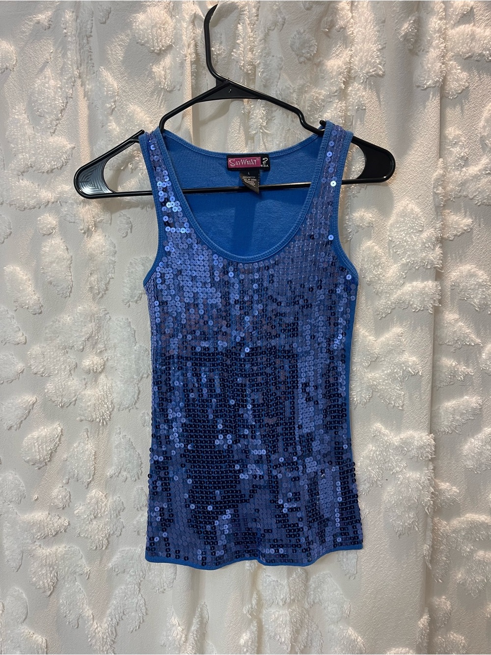 Y2K Say What Blue sequin tank top
